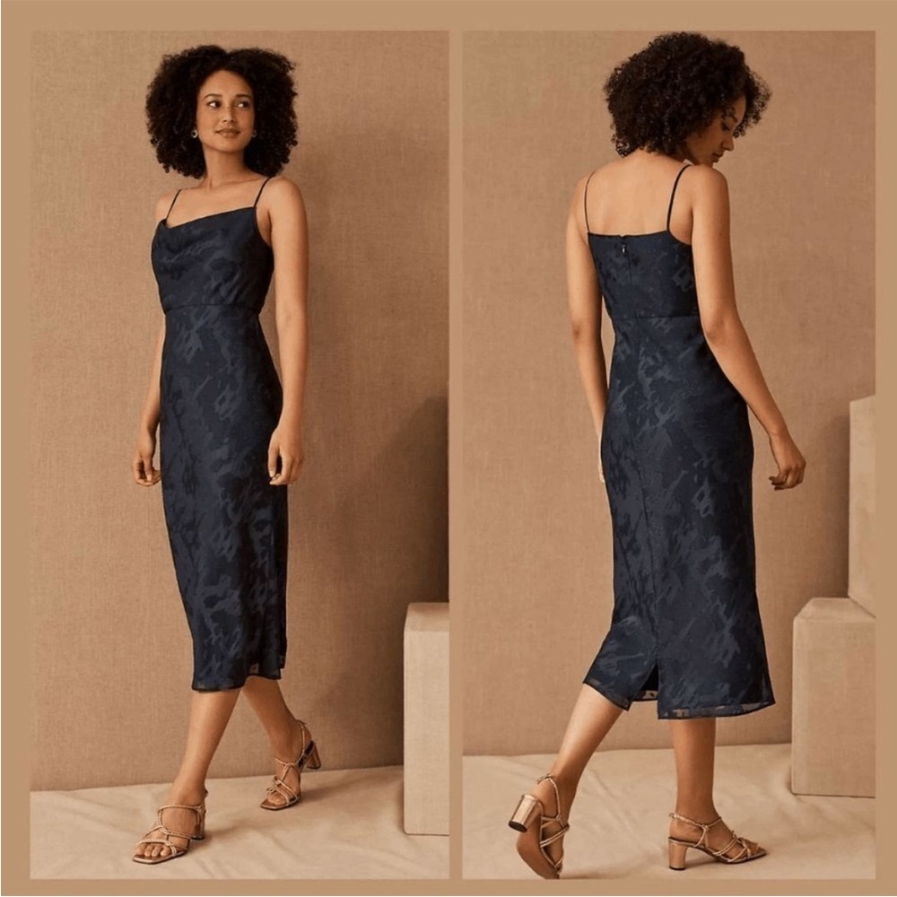 Anthropologie Hutch x BHLDN Kinsey Midi Dress in Navy Blue Floral Jacquard Sz 0